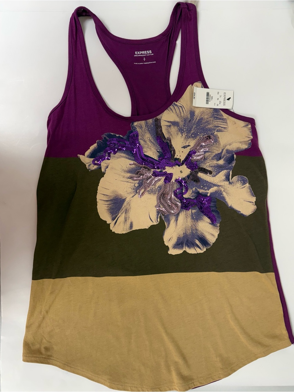 Express Purple Olive Tan Floral Sequin Racerback Tank